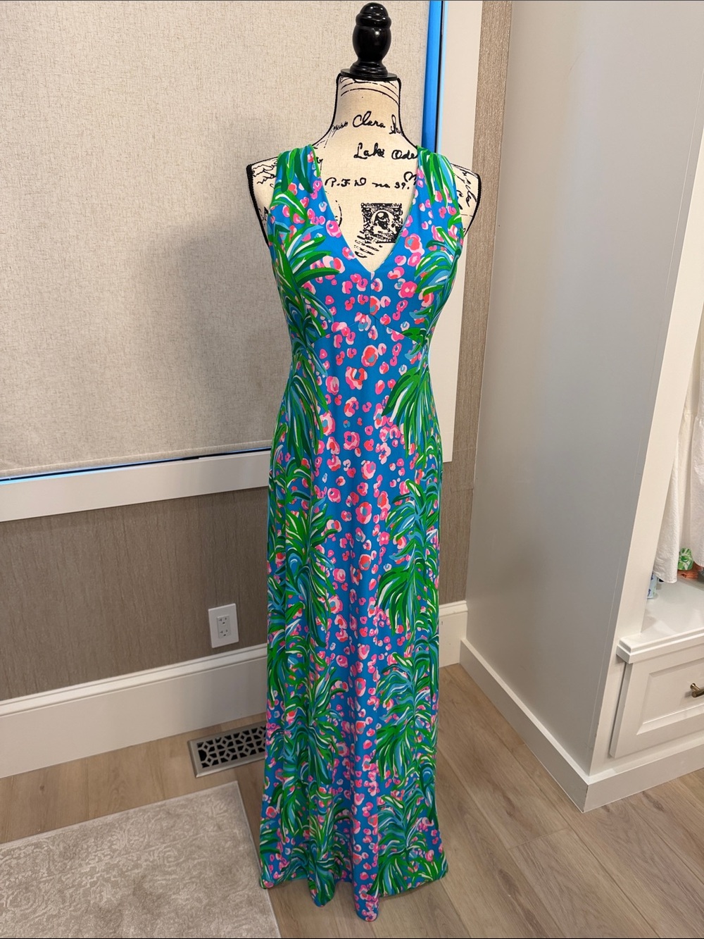 Lilly Pulitzer Blue Maxi Dress with Green & Pink Tropical Print